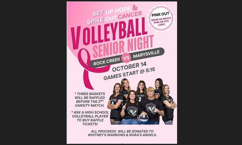 Set up Hope and Spike Out Cancer.  Pink Out, Wear as much Pink as you can!  Volleyball Senior Night.  Rock Creek vs. Marysville.  October 14, Games Start at 5:15pm.  Three Baskets will be auctioned off before 2nd Varsity Match.  Ask a High School player to buy Raffle Tickets.  All proceeds will be donated to Whitney's Warriors and Nora's Angels.