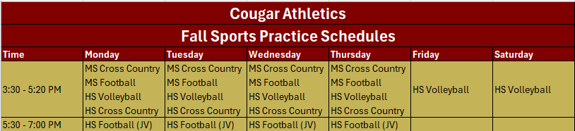 Fall Sports Practices Schedule