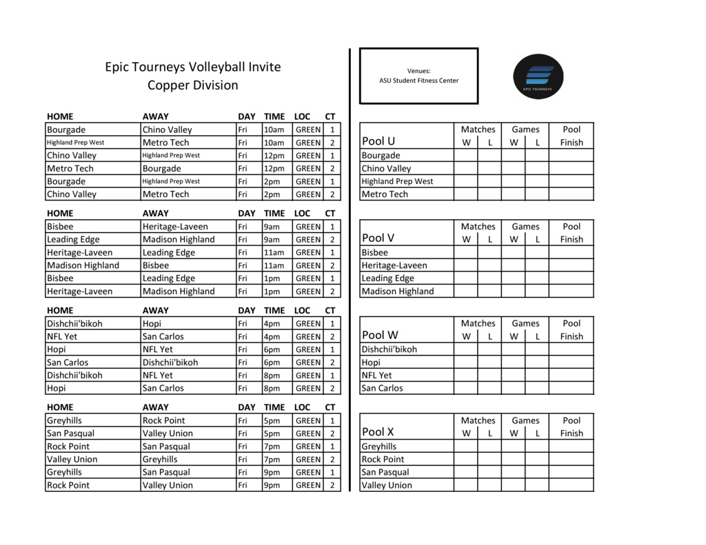 Epic Tourney Copper Division Bracket Volleyball 2025