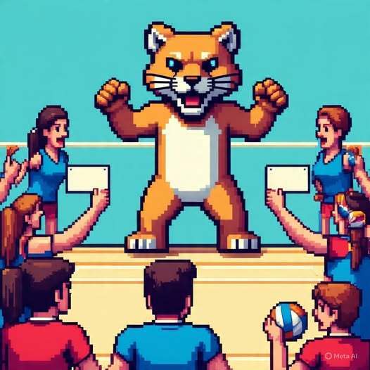 8bit image of cougar mascot and volleyball fans