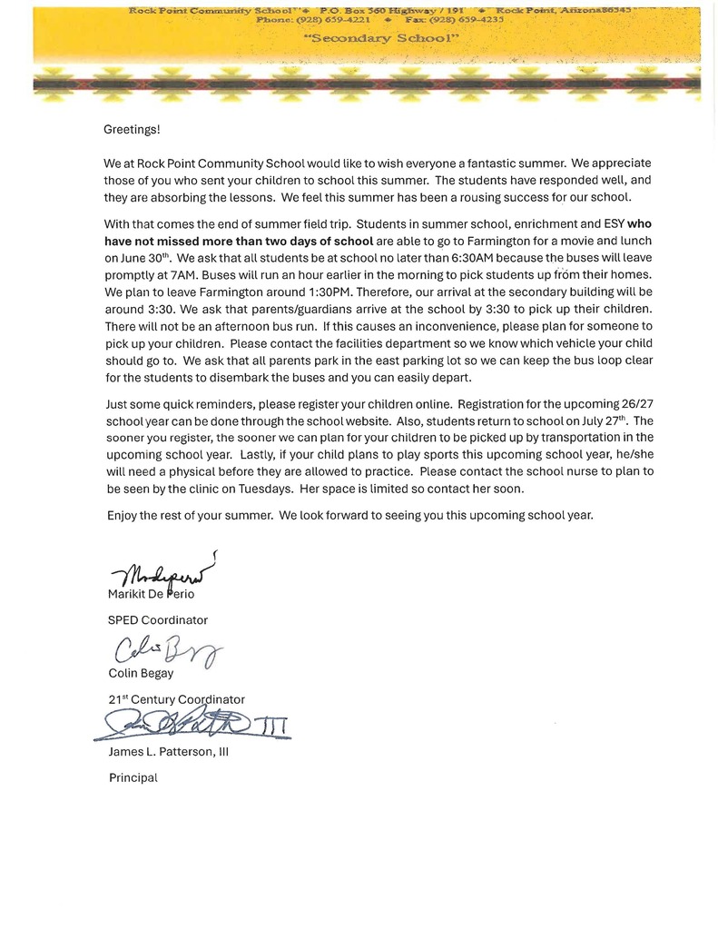 Summer School Field Trip Letter