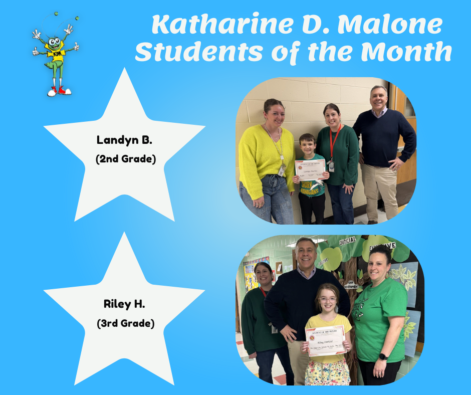 Congratulations to KDM Students of the Month, Landyn B. (2nd Grade) and Riley H. (3rd Grade). Landyn is always willing to lend a helping hand to his friends and classmates and Riley spreads kindness to her classmates, consistently showing empathy towards everyone around her.