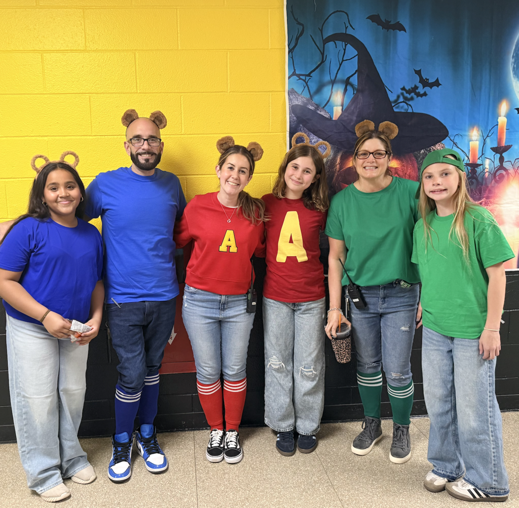admin team with studetns - dressing alike - Double the Chipmunks, Double the Fun! Our administrative team met their match when three of our 6th graders showed up in the same Alvin and the Chipmunks costumes!