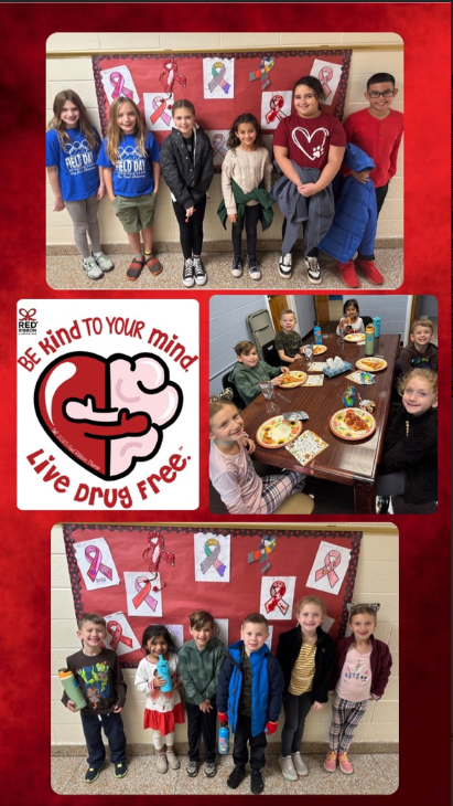 students pictured at standing and in other picture sitting wating pizza for Congratulations to our Red Ribbon contest winners who received a pizza lunch with Mrs. Piano! ♥️🐬 #SBhasHEART