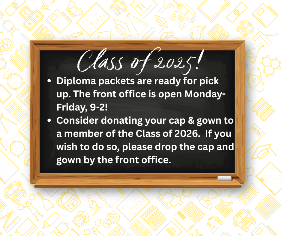 Class of 2025 announcements against a black chalkboard background. 