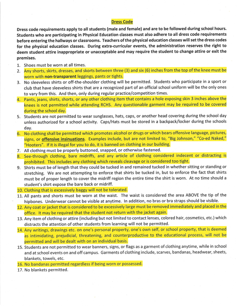 Dress Code with important items highlighted