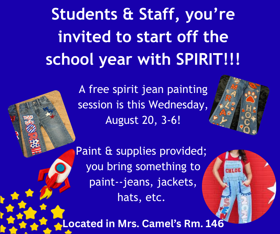 A flyer announcing a free opportunity to paint spirit jeans on Wednesday, August 20. The flyer has a blue background and white font. It includes pictures of painted jeans.