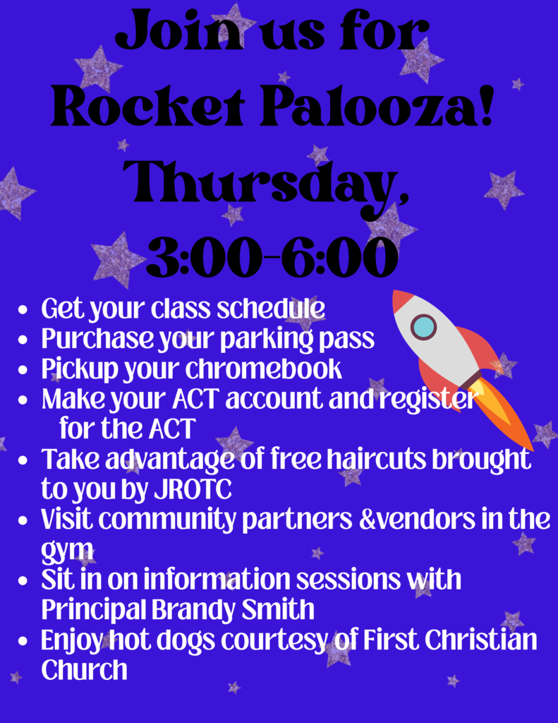 A list of events at Rocket Palooza. Against a blue background of stars and a rocket.