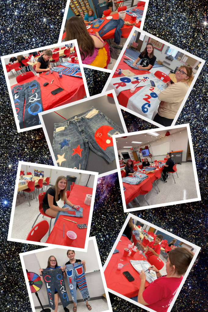 A collage of photos against a background of a night sky. The eight pictures depic different teens and adults painting clothing items like jeans and jackets with school spirit themes.