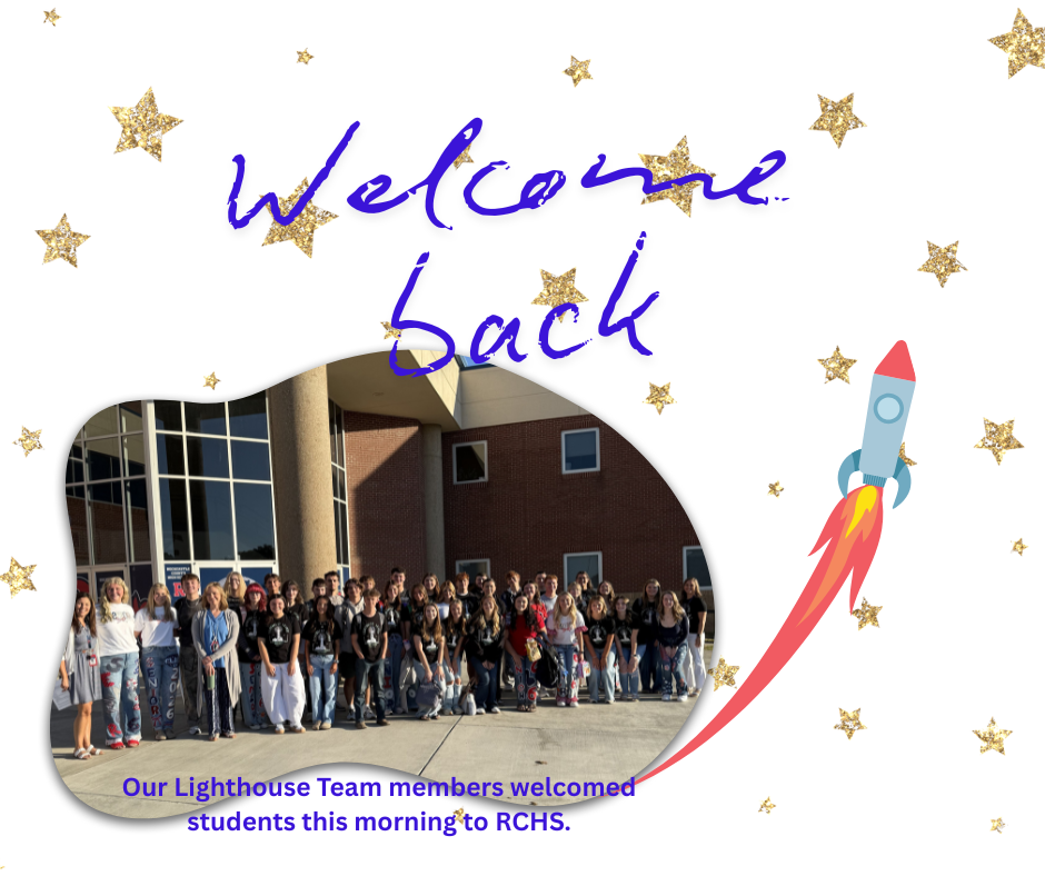 A group of students stand in front of the high school. Their picture is against a white background with gold stars and a shooting rocket. In blue the words Welcome Back stretch across the top.