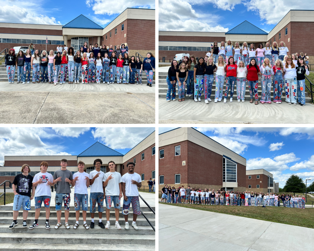 A collage of four photos. Students stand in front of the high school in groups.