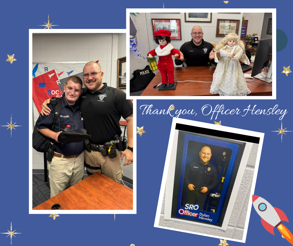 A photo collage of an SRO posing with students, at a desk, and appearing as a doll.