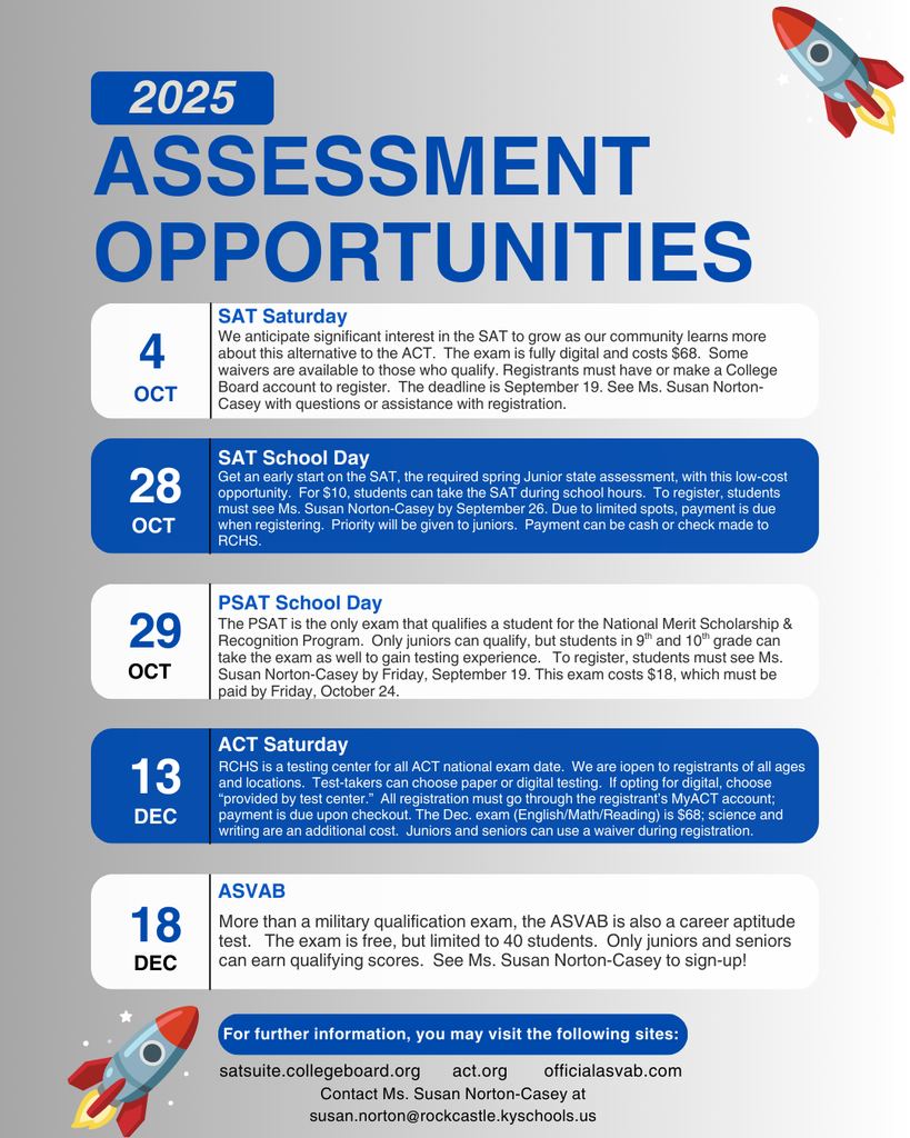 A flyer announcing the dates for assessments during the first semester. Tests like the SAT, ACT, and ASVAB are listed with dates that begin in October.