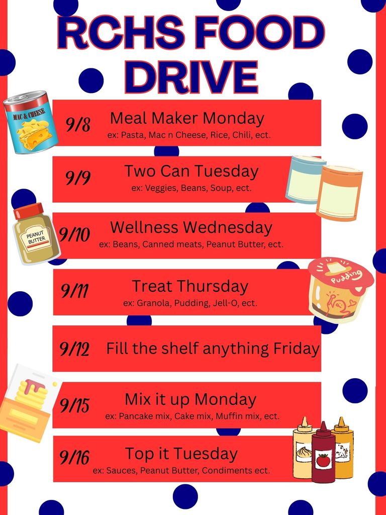 Food drive flyer. Each day for seven days has a specific theme.