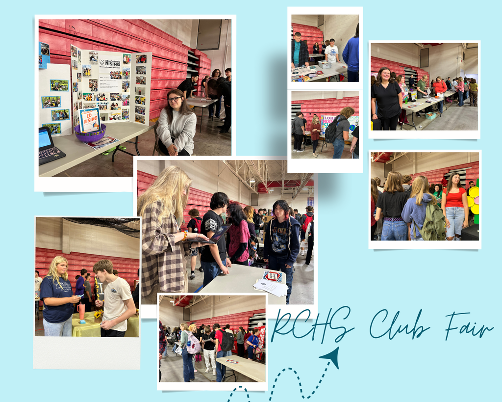A collage of eight photos.  The pictures show high school students circulating among tables set up with displays. 