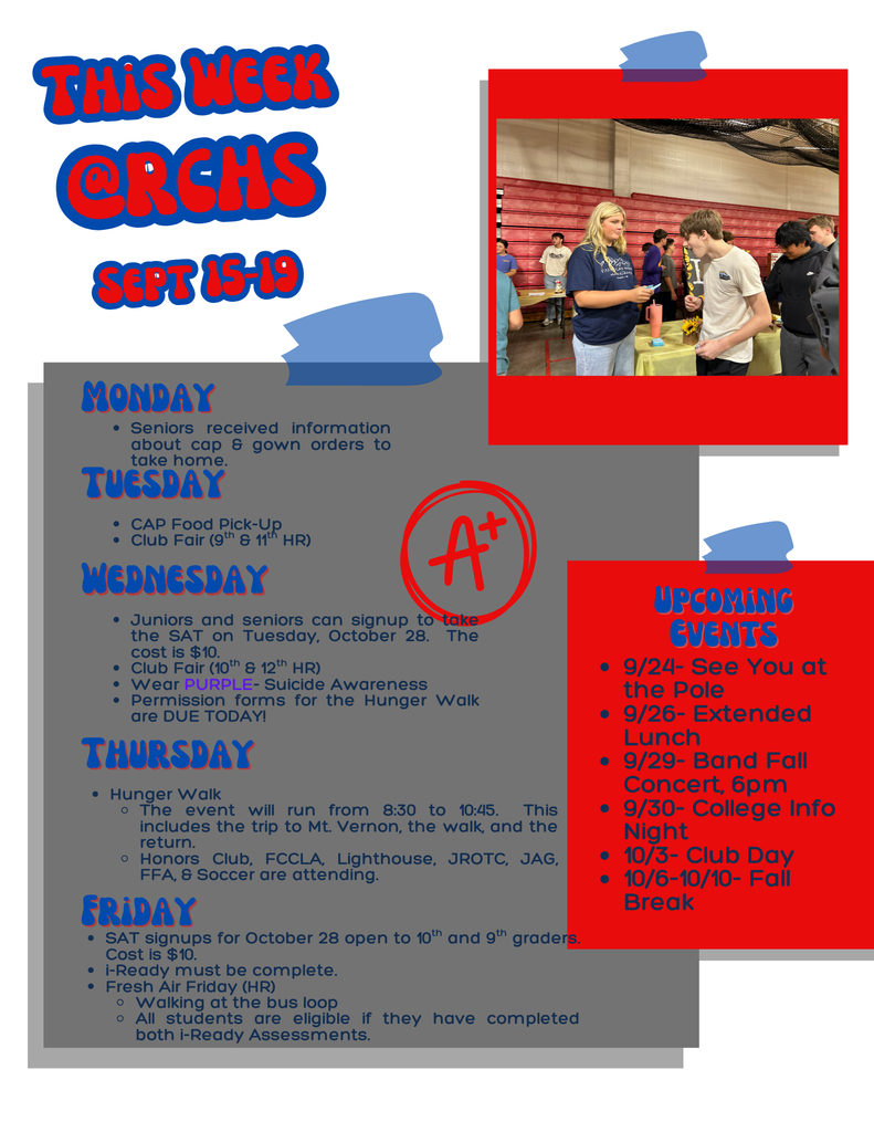 A schedule of major events for the school week.
