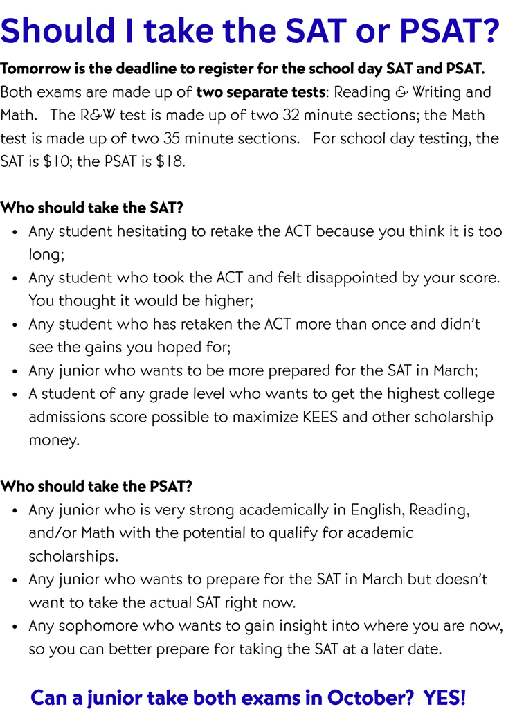 A list of who should take the SAT or PSAT