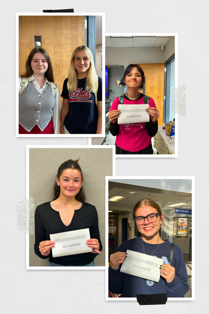 Four snapshot-style photos of students hold what appears to be checks. 