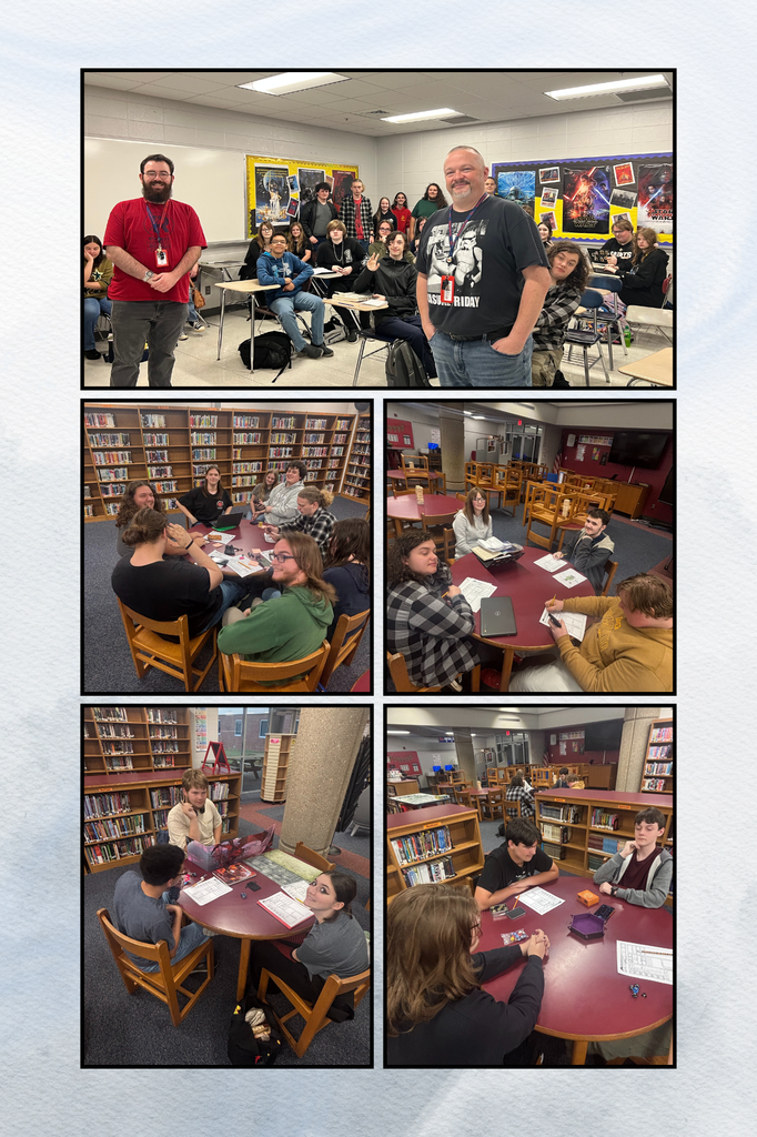 Students shown at desks in an English classroom and at tables in a school library.