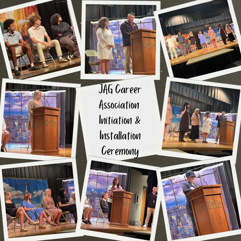 A collage of photos that show high school students seated on an auditorium stage. Other images show adults standing at a podium.