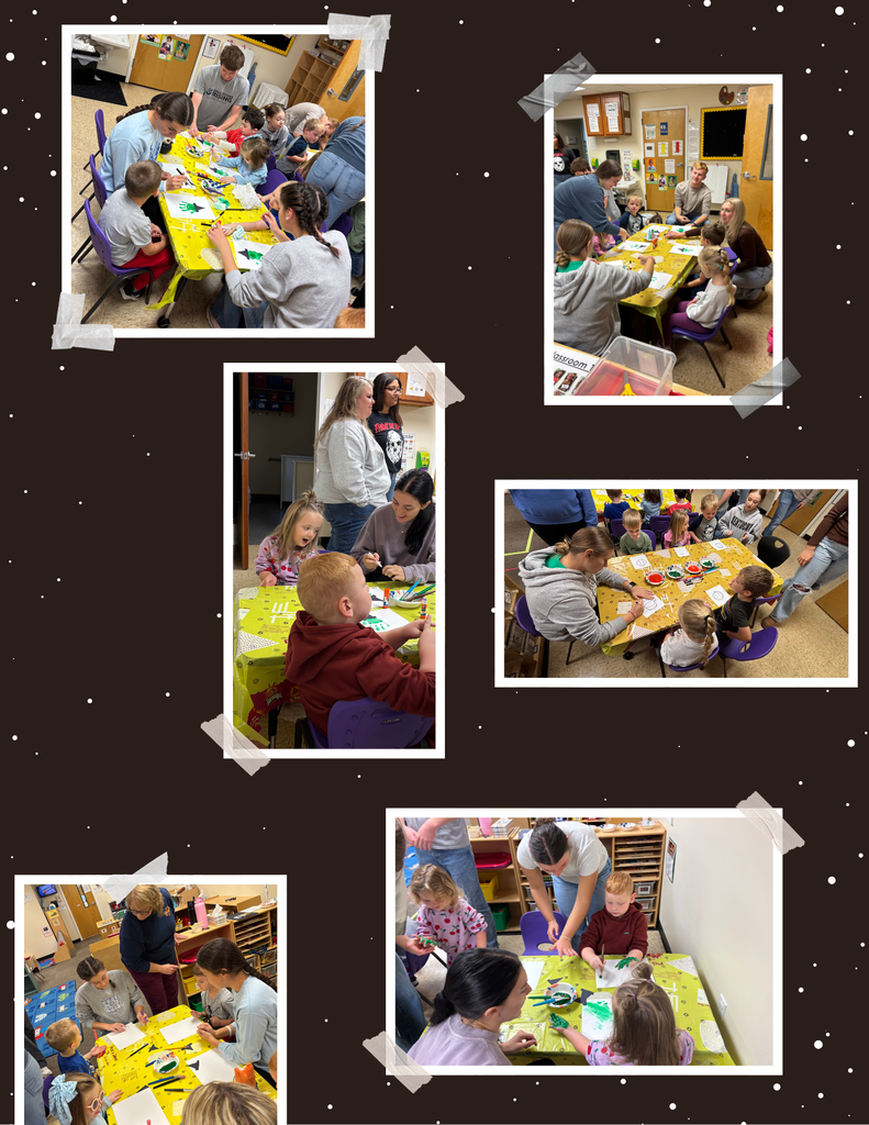 A photo collage of five pictures. The pictures show high school age students (male and female) sitting at low tables with preschool age children coloring.