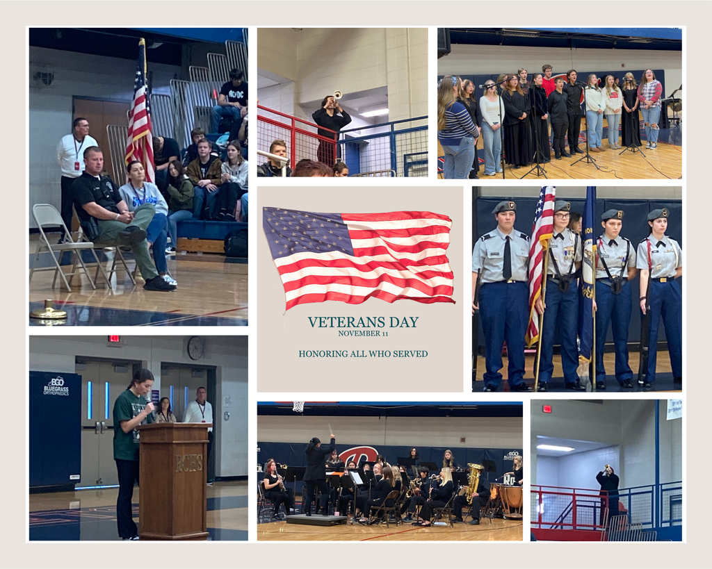 A photo collage shows seven photos from a high school with the image of the US flag and the words "Veterans Day, November 11, Honoring All Who Served" in the middle of the collage.