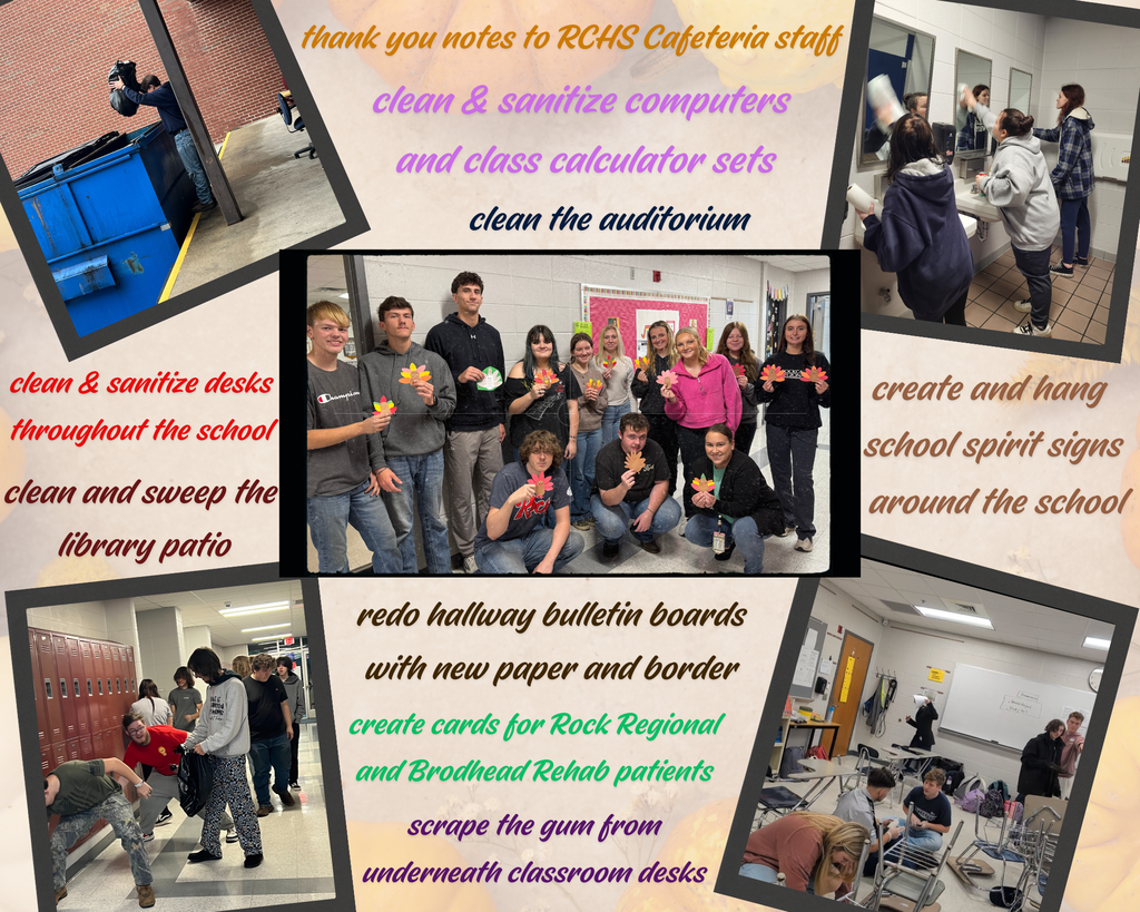 A collage of five photos depicting high school students completing different actions--cleaning mirrors, taking out the trash. Between each photo are statements listing the different service projects completed in the school.