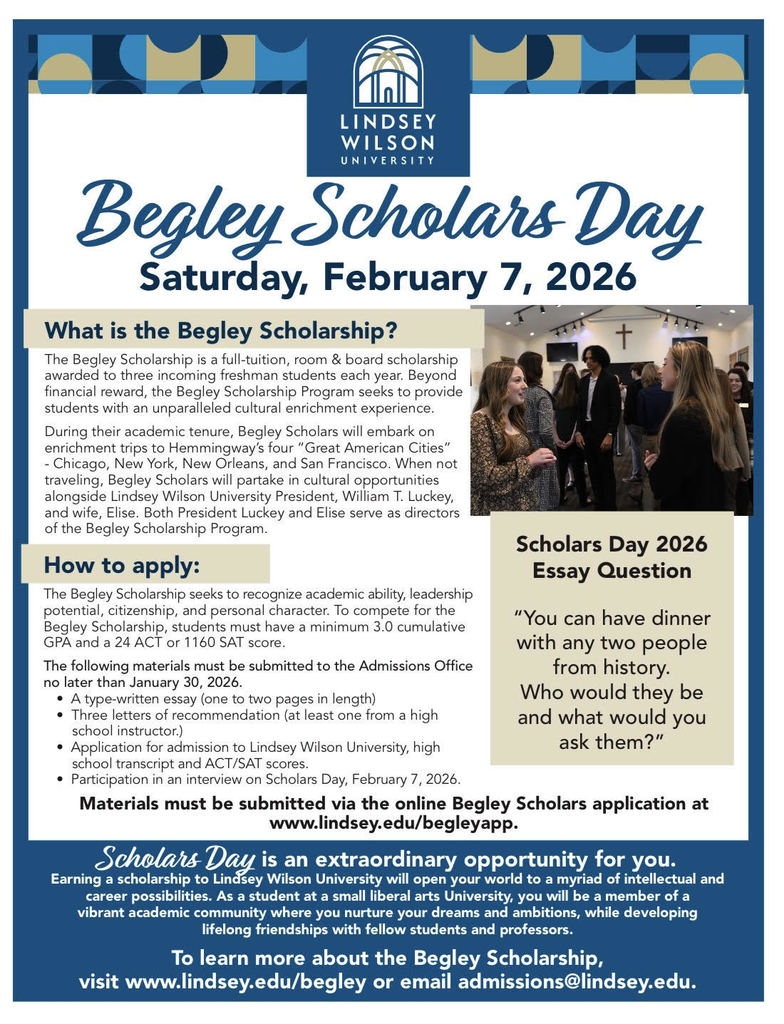 A flyer announcing a scholarship opportunity at Lindsey Wilson University.