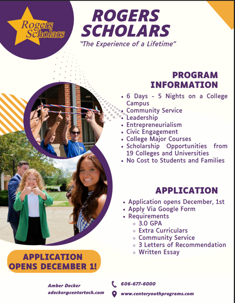 A flyer for the Rogers Scholars program. The flyer includes program information and application information.