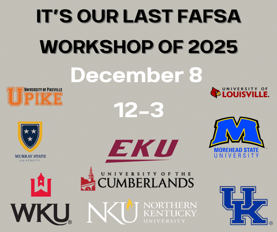An announcement for a FAFSA workshop against a gray background. The flyer features logos from colleges and universities around the state.