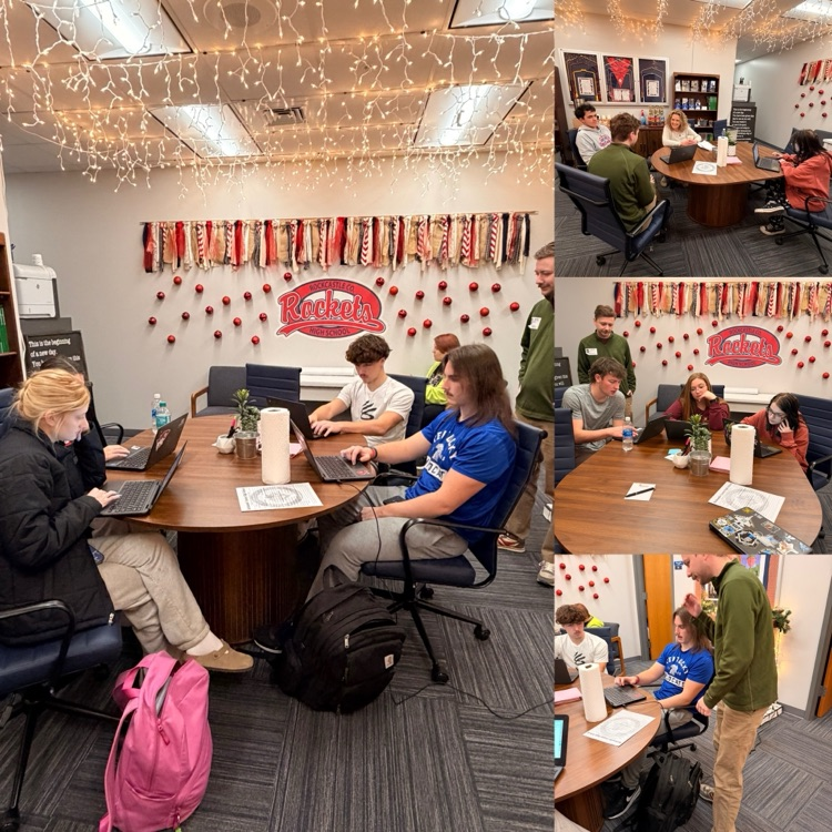 A photo collage that shows high school students sitting around a table in an office.