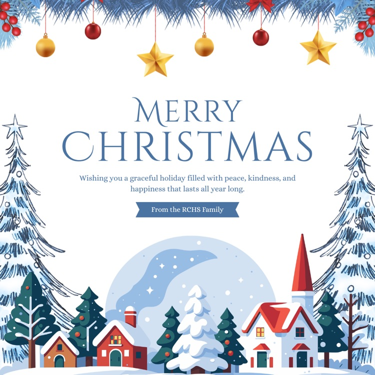 Holiday greetings against a snowy landscape and village