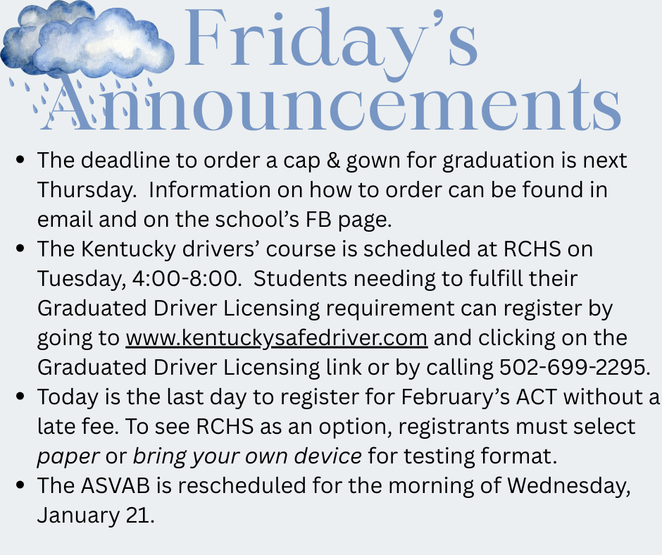 Announcements from RCHS against a pale gray background