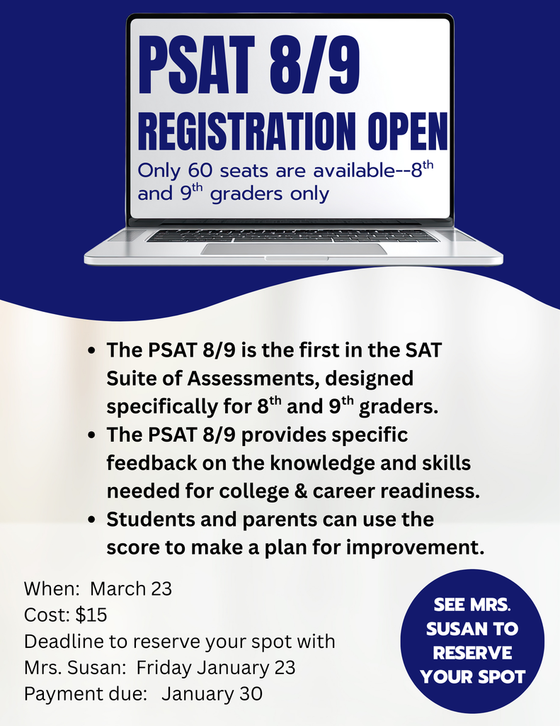 Flyer advertising the PSAT 8/9 for eighth and ninth grade students.