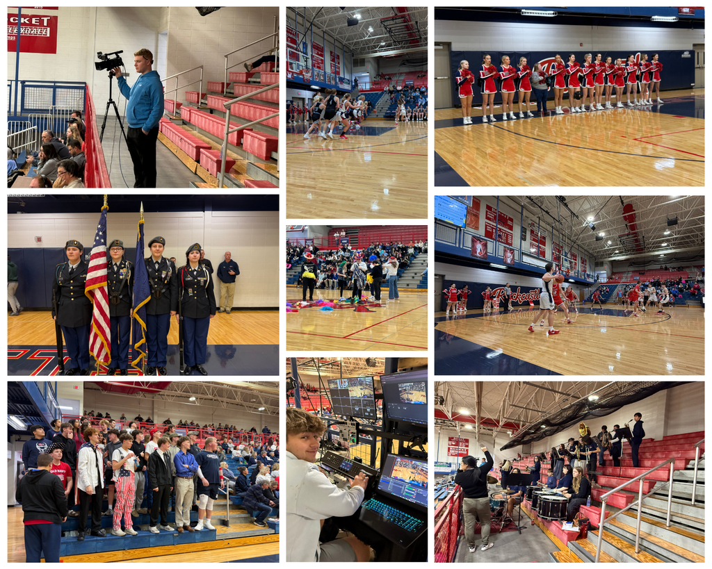 A collage of photos depicting a high school basketball game environment.