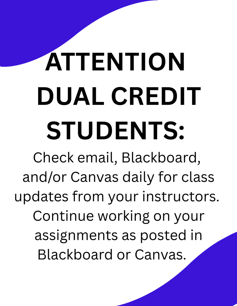 An announcement for dual credit students. The words are against a white background with blue wave shapes in the top left and bottom right corners.
