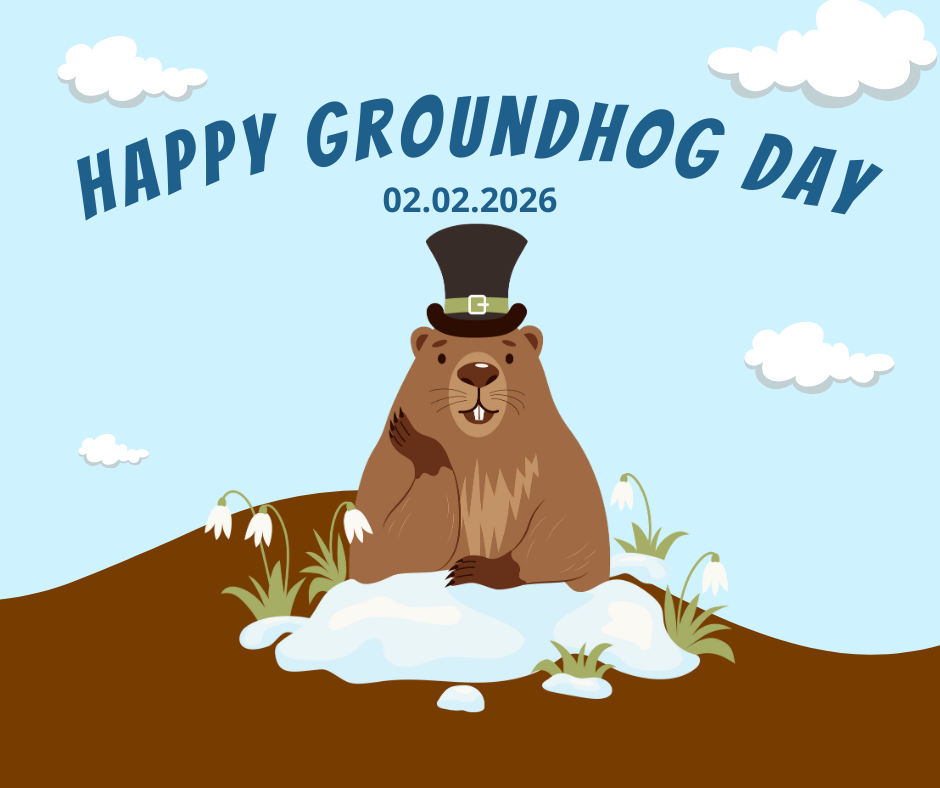 A cartoon groundhog emerges from the ground. Snow and flowers are visible.  The groundhog wears a top hat.   