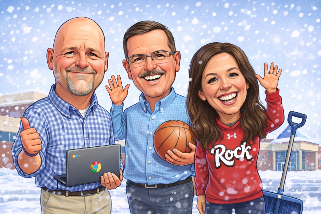 A caricature image of  school principals waving as snow falls.   An image of the school is in the background along with a snow shovel. 