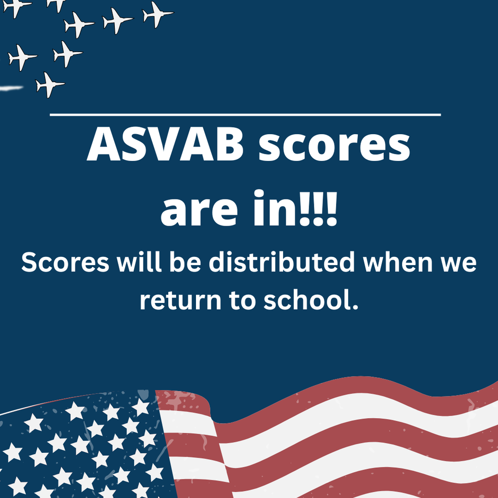 A flyer announcing ASVAB scores.  The background is dark blue with a partial image of a flag at the bottom. An image of jets is in the upper left corner. 