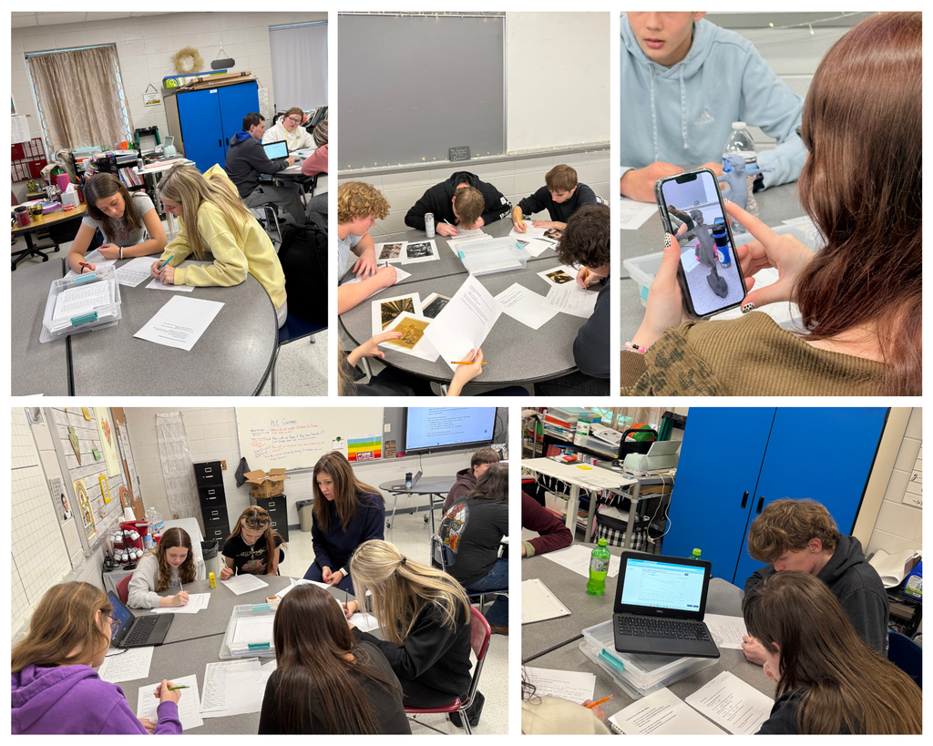A collage of five photos, each depicting high school students seated at round tables looking down at papers and computers. They ae working collaboratively.