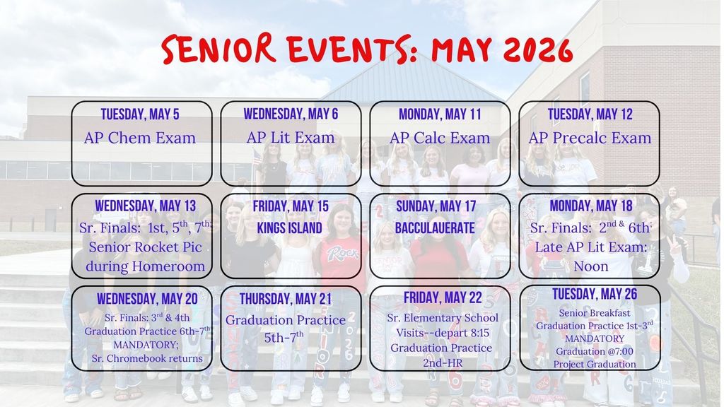 Calendar of senior events against a faded background depicting a school with students standing in front. 