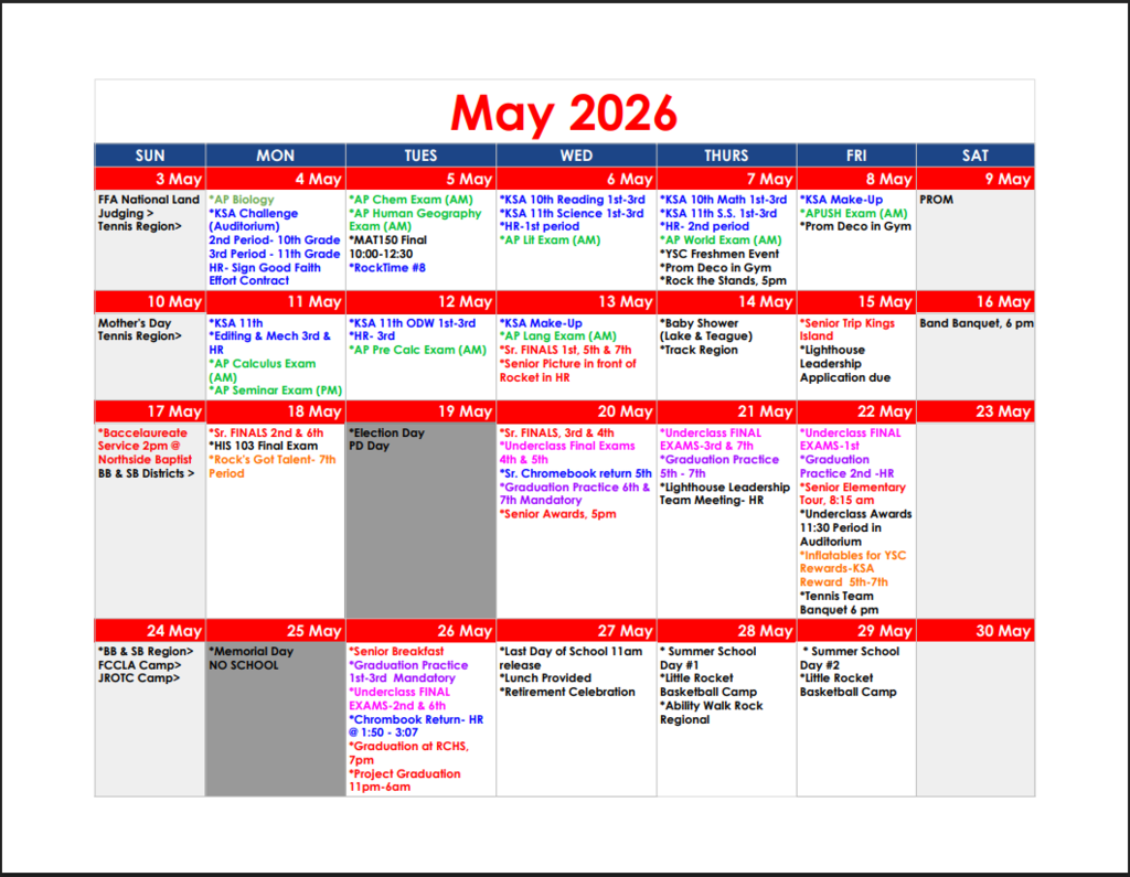 May calendar for RCHS