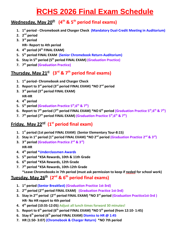 RCHS Finals Schedule