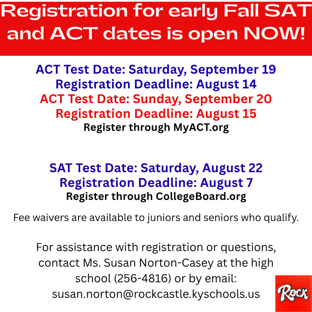 A flyer announcing registration dates and deadlines for college admissions exams.