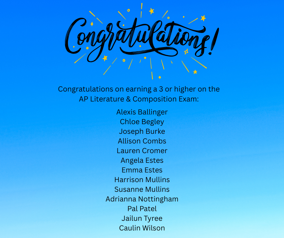 Congratulations against a blue background. A list of students appears below the banner.