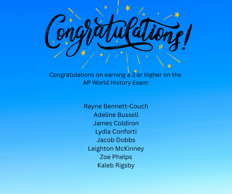 Congratulations against a blue background. A list of students appears below the banner.