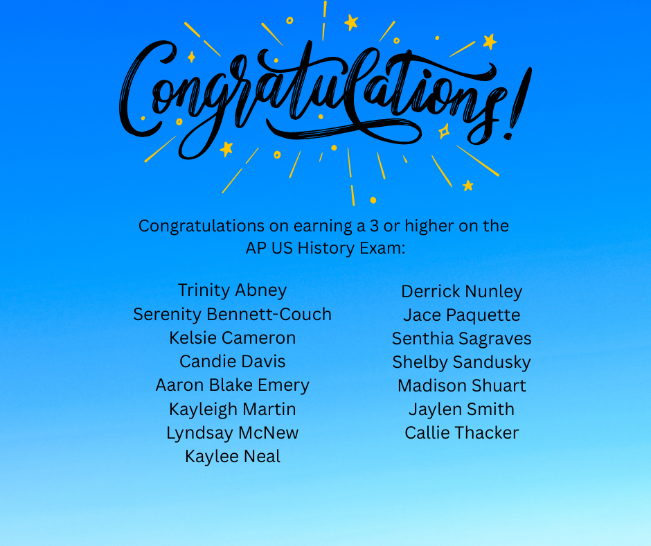 Congratulations against a blue background. A list of students appears below the banner.