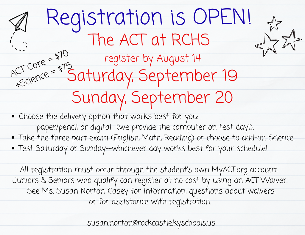 An announcement for ACT test registration. The text is against a background that looks like notebook paper. The font looks like handwriting and there are doodles of stars and planes across the page.