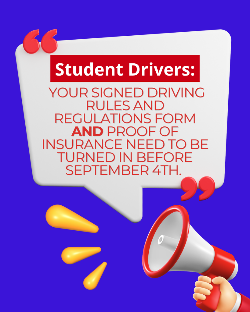 An announcement in a white dialogue bubble against a blue background. A hand holding a megaphone appears in the lower right corner.
