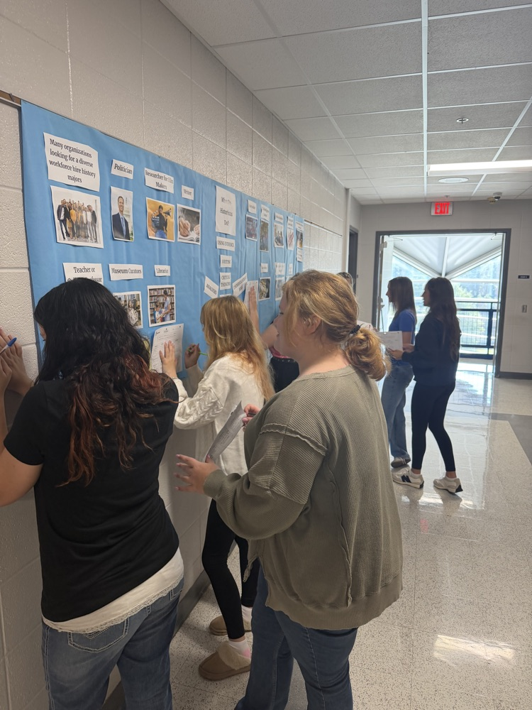 Students look at images on a wall.
